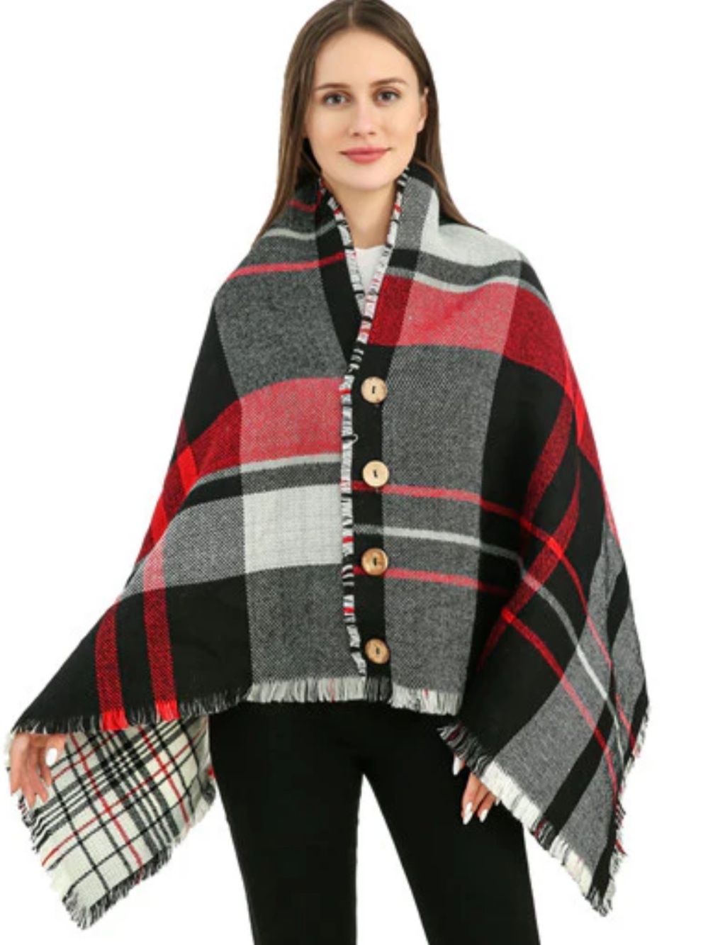 Plaid Button Poncho in Red, Black & Gray